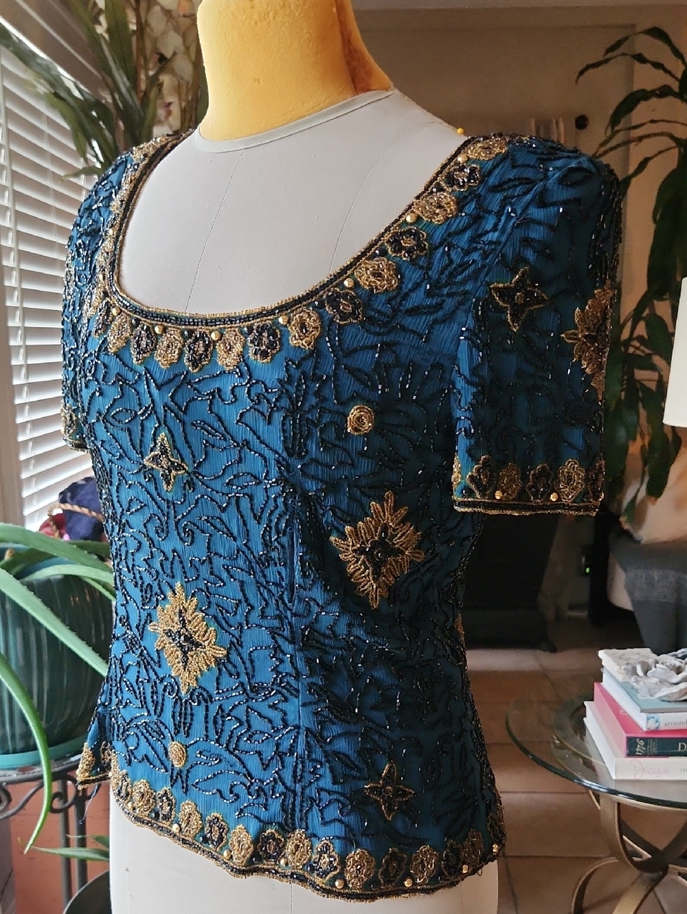 Vintage Adrianna Papell Teal Evening Silk Shell Top, Sz 10